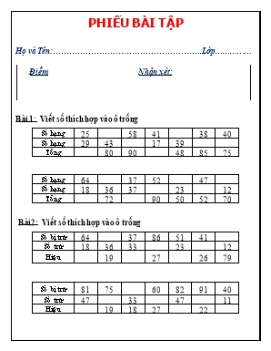 Phiếu bài tập kiểm tra môn Toán Lớp 2